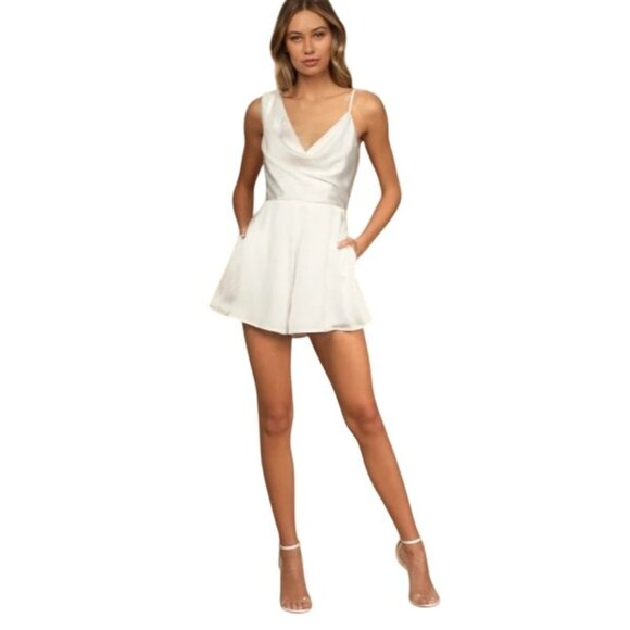 NEW‎ Lulus Likely Lover Ivory Satin Asymmetrical Cowl Neck Romper 2" Inseam XL - Picture 1 of 16